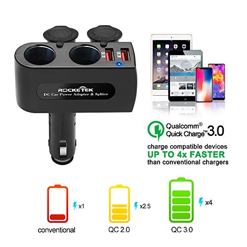 Rocketek 2 USB 2 Socket Car Cigarette Lighter Adapter Combine Dual 12V/24V DC Outlet Car Splitter and Dual USB QC3.0 Car Charger Adapter, The Car Socket and Car USB Support up to 90W / 4 Devices