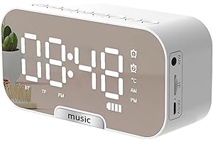 Digital Mirror Alarm Clock with Bluetooth Speaker, FM Radio, Dual Alarms, Temperature Display, Rechargeable Portable Desktop 