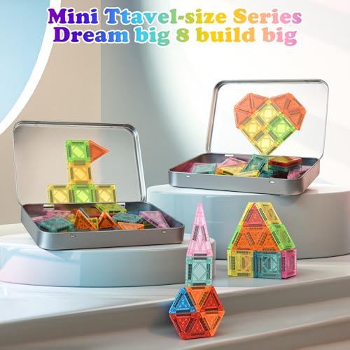 Euakee Magnetic Tiles, Travel Magnetic Building Blocks Set, Mini Magnetic Tiles, Building Toys with Iron Box for Boys and Girls, Montessori Toy (A)