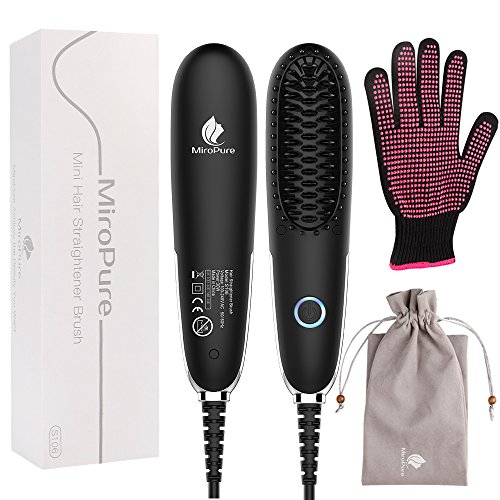 MiroPure Mini Hair Straightener Brush with Portable Lightweight Adjustable Temperature for Natural Healthy Silky Hair, Hair Straightening Brush Dual Voltage Auto Shut Off with Heat Resistant Glove