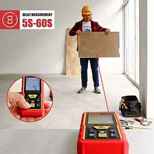 Advanced Laser Measure 196Ft POPOMAN, M/In/Ft Mute Laser Distance Meter with Electronic Angle Sensor and Backlit LCD, Measure Distance, Area and Volume - Carry Pouch and Battery Included - MTM120A