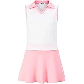Kids Girls Tennis Golf Dress Outfit Sleeveless Dress with Pockets Athletic Skorts and Polo Tank Top Sets