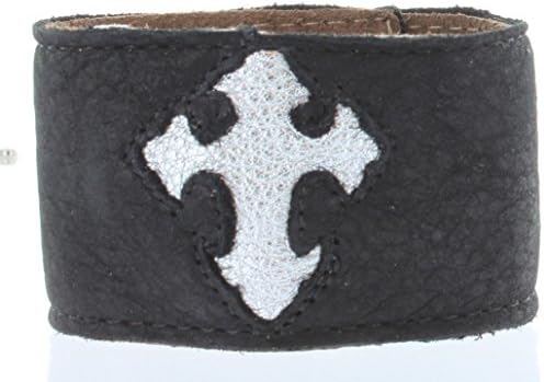 Charlie Biker Bracelet, Men or Womens Leather Bracelet with Secret Hidden Zipper Compartment, Approx 9.5" Adjustable, Black Suede with Silver Metallic Cross Design.
