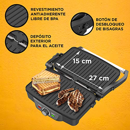 SOGO SS-7127 Elektro-Grill, Sandwichmaker und Panini-Grill, mit Antihaftbeschichtung aus Stein, Öffnung 180 Grad, mit Temperaturregler, 1600 Watt, Farbe Metallic-Grau und Schwarz – Bild 3