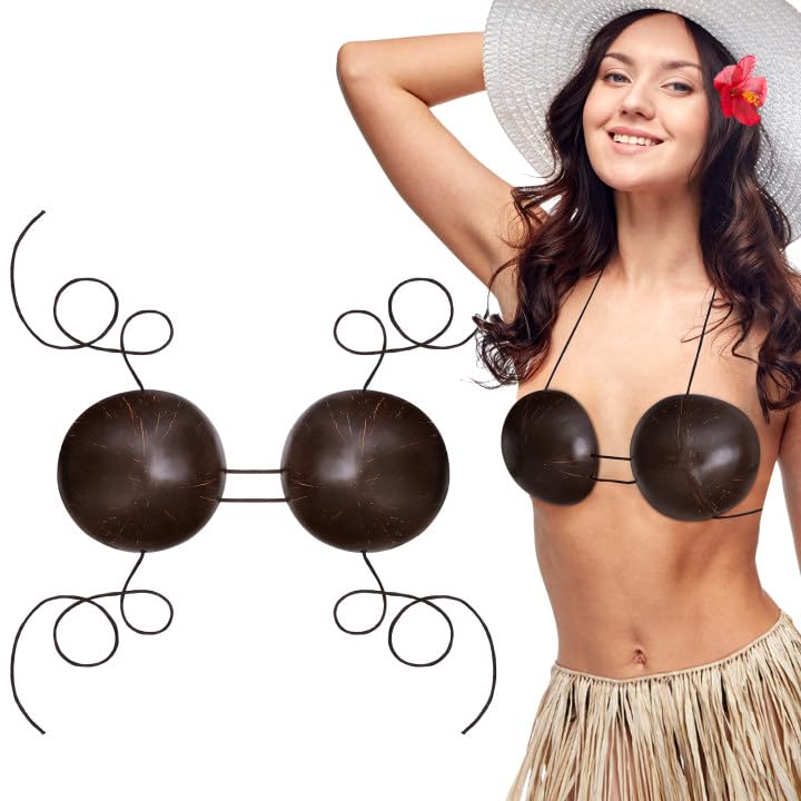 Photo 1 of 1 Pair Coconut Bra with Adjustable Strap- 4.7" x 1.8" Natural Coconuts Shell Bikini Top- Hawaiian Coconut Shell Bra Top for Women Costume Party Supplies