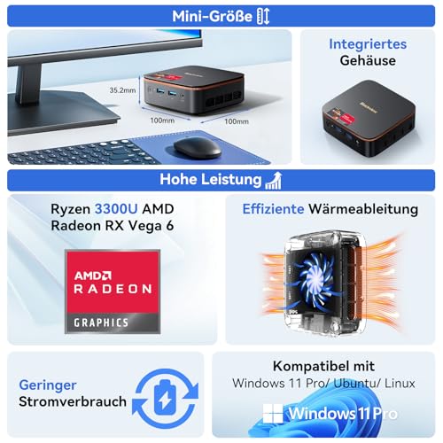 Blackview MP20 Mini PC AMD Ryzen 3300U (Exceeds N95/N150/N100) Win11 Pro, 16GB RAM 512GB Micro Desktop Computer, 4K @ 60Hz UHD, USB 3.2+DP + HDMI + Gigabit Ethernet for Business/Home Theater