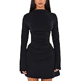 GOBLES Women's Elegant Fall Sleeve Mock Neck Slim fit Ruched A-line Mini Party Dress
