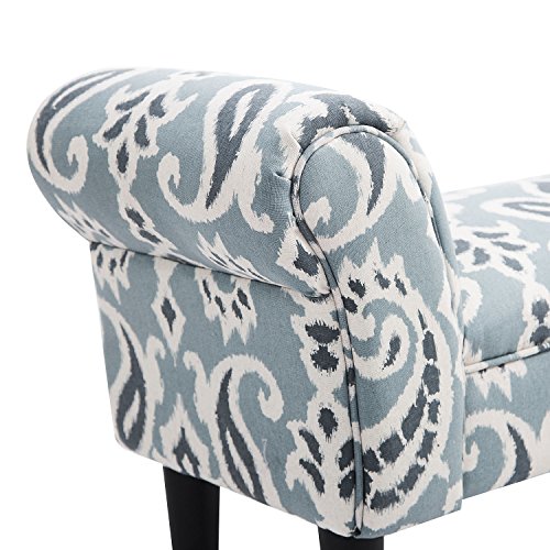 Small Linen Upholstered Ottoman Bench Rolled Arm End Chair, Wood Legs Blue Grey Paisley