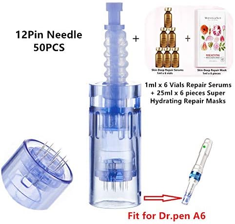Dr pen Ultima A6 Replacement Parts - 50 Pcs x 12 Pin Cartridges with 1ml x 6 Vials Repair Serums & 25ml x 6 pieces Super Hydrating Repair Masks (12 Pin, 50pcs)