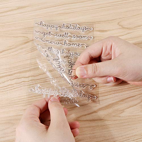 2 Sets Clear Stamps for Cards Making, Kissbuty Flowers Leaves Words Just for You Happy Birthday Thank You Silicone Stamps Blessing Words Decorative Clear Stamps for Card Decoration and Scrapbooking - Thumbnail 3