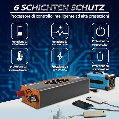 2000W Inverter 12v 220v Pure Wave - 12v Voltage Transformer LCD Display with 2 EU Sockets and 3 USB Ports and a Type C Port, Remote Control Socket for Motorhome, Car and Camping