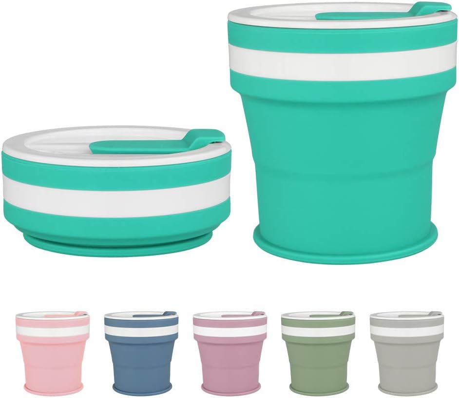 Collapsible Coffee Cup, Silicone Travel Cup with Lids, Reusable Camping Tea Cup, Portable Foldable Hiking Cup, Lightweight, BPA Free, 12 oz
