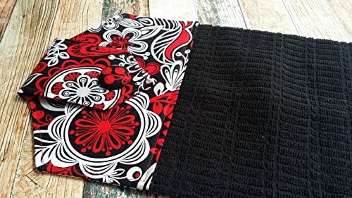 Red and Black Geometric Floral Fabric Topped Textured Black Hanging Towel perfect for Kitchen or Bathroom