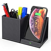 Brilliest 10W Fast Wireless Charger - Black Desk Organizer - Wireless Charging Dock - Charging Station - Pencil Holder - Compatible with Samsung/iPhone/Multiple Devices - Qi Certified - Modern