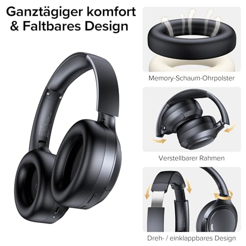 ECLVOX Bluetooth Over Ear Headphones with Hybrid ANC & 6 ENC Microphones, 120 Hours Battery, Foldable Design, Comfort Ear Pads, Wireless Headphones for Gaming, Music, Home Office & Travel