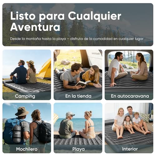 Elegear Colchon Inflables Matrimonial Camping, 14CM Ultra-Thick Colchón Inflable para 2 Personas con Bomba de Pie, Colchón de Aire Autohinchable para Acampar Mochileros Senderismo Tiendas,Gris