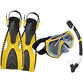 Hawaii Divers Destin Snorkel Set - Tempered Glass Snorkel Mask with Woven Strap, Dry-Top Snorkeling Gear with Silicone Mouthpiece, Adjustable Snorkeling Fins for Adult