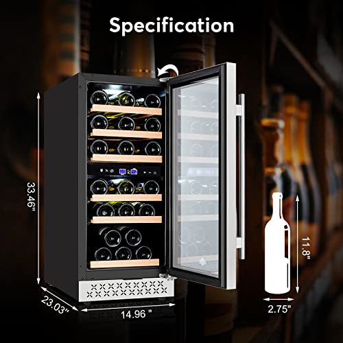 TYLZA Mini Fridge 15 Inch Wine Cooler Under Counter, 30 Bottle Builtin