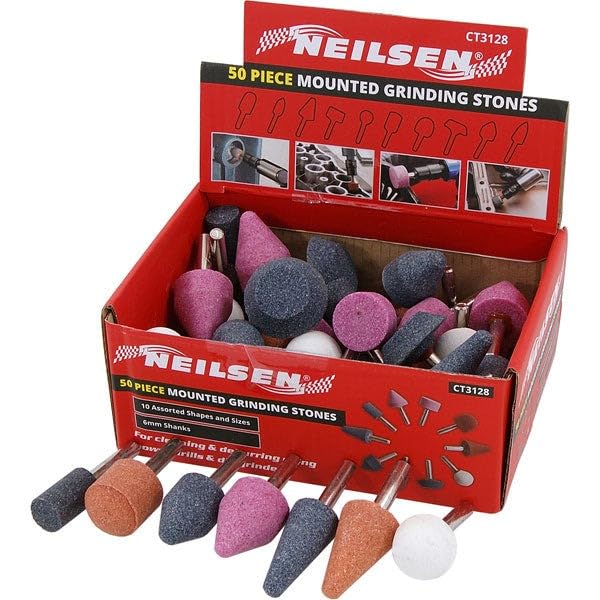 Neilsen CT3128 50pc Mounted Grinding Stones - 10 Assorted Shapes and Sizes with 6mm Shanks for Cleaning and Deburring