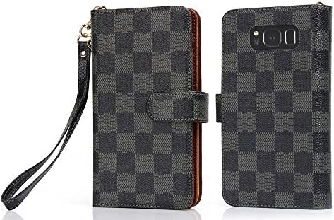 For Samsung galaxy s 6 7 8 + plus note Luxury Famous Deluxe Monogram Flowers Grid Leather Flip Filo Wallet Bag Card Cash Case Cover S (Grid Black, Samsung galaxy A8)
