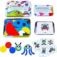 Wooden Pattern Blocks Animals Jigsaw Puzzle Sorting and Stacking Games Montessori Educational Toys for Toddlers Kids Boys Girls Gift (36 Shape Pieces& 60 Design Cards in Iron Box)