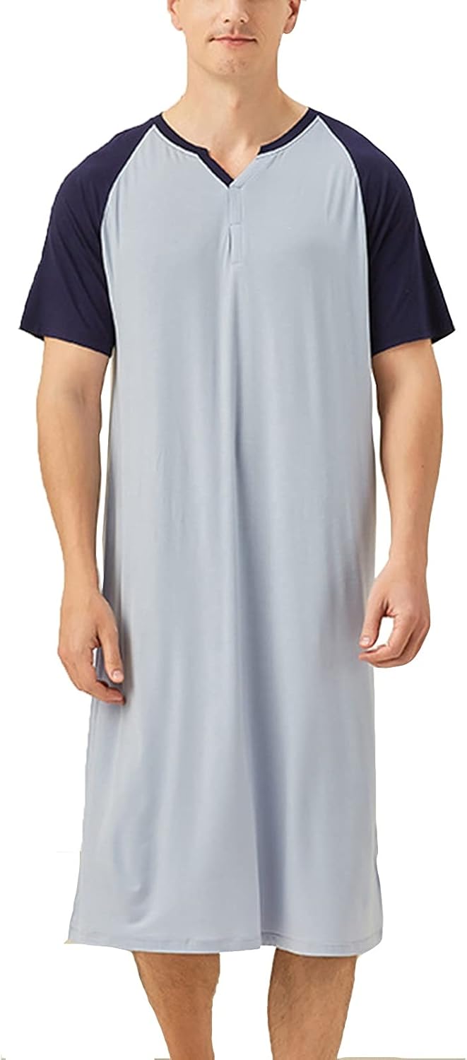 Enjoyoself Chemise De Nuit Homme Hauts De Pyjama Tee-Shirt Longueur Genou Col V Avec Boutons Manches Courtes Vêtements D'Intérieur Douce Confortable Grande Taille M-4XL, Bleu Marine+carreaux, M