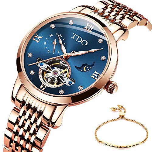 Female Watches for Women on Sale Automatic Mechanical Movement Stainless Steel Rose Gold Luxury Dress Ladies Wrist Watch Waterproof Crystal Rhinestone Dial Blue face Bracelet and Watch Set for Women