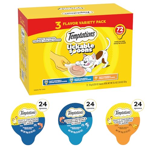 TEMPTATIONS LICKABLE SPOONS, SOFT LICKABLE CAT TREATS, ADULT WET CAT TREATS, VARIETY PACK, 72 SPOONS