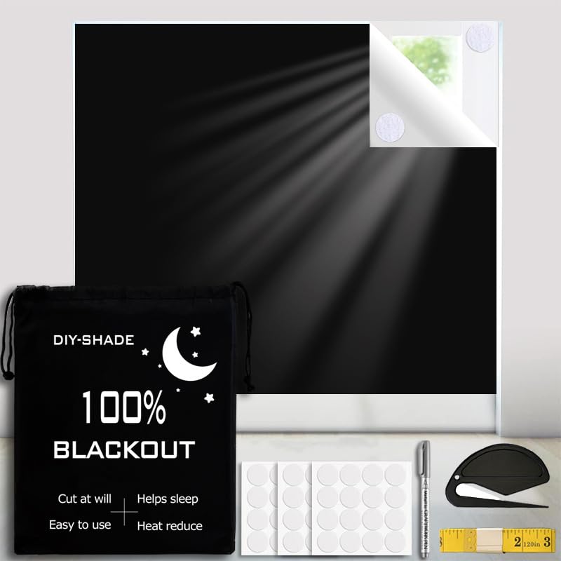 Blackout Blinds 300x145cm, 100% Blackout Shades with Hook and Loop Dots Tapes, Portable Blackout Blinds Stick on, Cut to Any Size, Temporary Blackout Curtains for Nursery, Baby, Travel and Bedroom