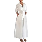 Choichic Shirt Dresses for Women Oversized Side Slit Long Sleeve Button Down Maxi Dresses Cover Up with Pockets Belt