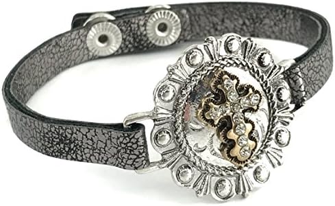 Western Collection Silver Rhinestone Cross Pendant Leather Snap Bracelet