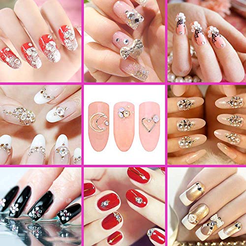 5 Boxes Nail Art Rhinestones Gold Silver Metal Nail Art Studs Rivets Nail Crystal Gems, Colorful Nail Art Rhinestones Nail Diamonds Kit with Tweezers and Wax Pen for Nail Art Supplies Accessories