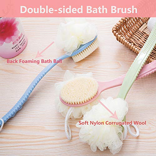 Houkiper Body Bath Shower Brush with Bristles and Loofah Sponge Back Scrubber Bath Mesh Sponge with Curved Long Handle for Skin Exfoliating Bath Massage Suitable for Wet or dry, Men and Women - Thumbnail 4