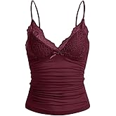 Naileksi Women Y2k Lace Trim Cami Top Spaghetti Strap Fairy Grunge Tank Top V Neck Ruched Bow Lace Patchwork Cami Shirt