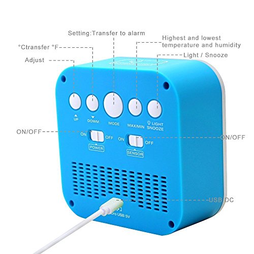 Bedroom 3 in1 Multifunction Alarm Clock, Rechargeable Alarm Clock with 12h or 24h/Temperature(C/F)/Humidity/Week Display, Snooze/Smart Nightlight Function (9909-Blue)