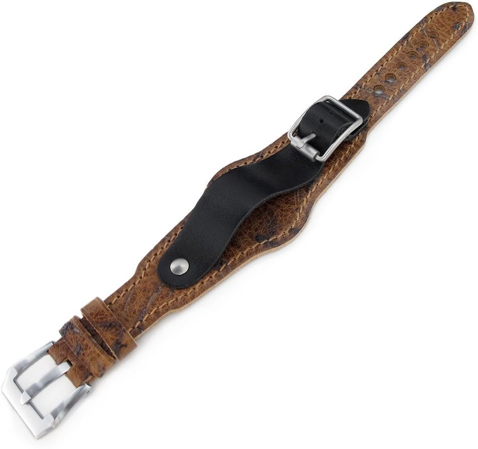 20mm Hezzo Bund Military Style Double-Layer Watch Strap, Heavy Scratch Brown Leather