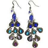 SODIAL(R) Retro Blue Rhinestone Peacock-Pattern Teardrop Tail Dangle Earrings