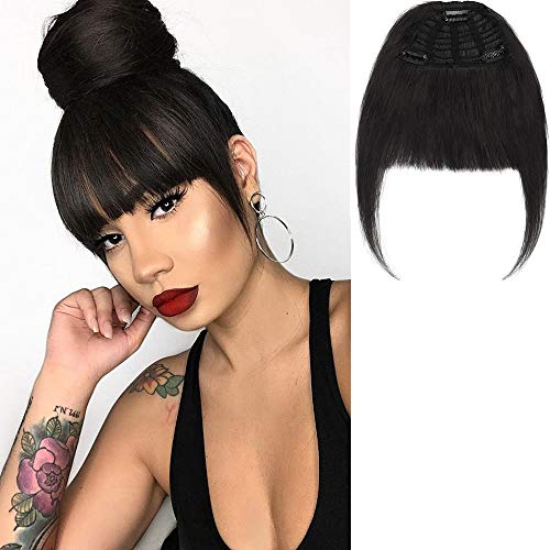 New Fashion Clip in Bangs One Piece Fringe 100% Natural Remy Human Hair Extensions Hairpiece Neat Fringe Hand Tied Thick Straight Bangs with Temple Hair Piece Accessories for Girls (Natural Black)