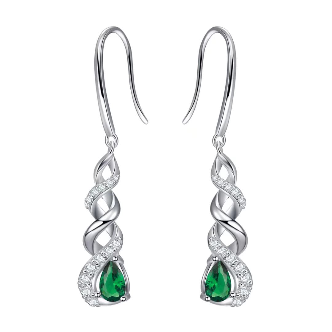 Qings May Birthstone Dangle Earrings for Girls - 925 Sterling Silver Cubic Zirconia Green Crystal Emerald Birthstone Infinity Gemstone Earrings Piercing Sparkling Jewelry for Women