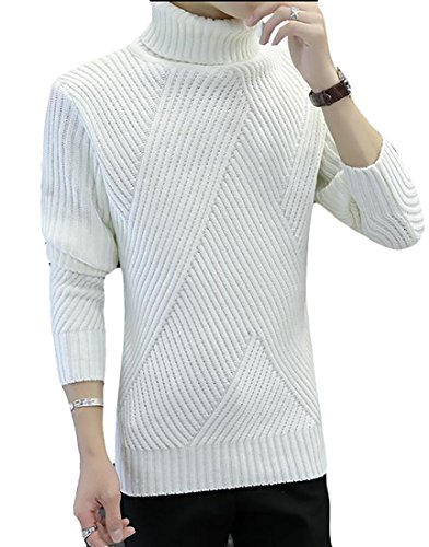Pandapang Mens Cable Pullover Turtleneck Long Sleeve Sweater Knitwear White XXS