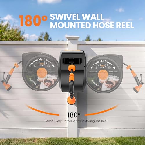 Retractable Garden Hose Reel, 1/2 in x 100 ft Wall Mounted Hose Reel Heavy Duty with 10-Function Sprayer Nozzle, Any Length Lock, Slow Return System, 180°Swivel Bracke for Large Yard Lawn Car Washing