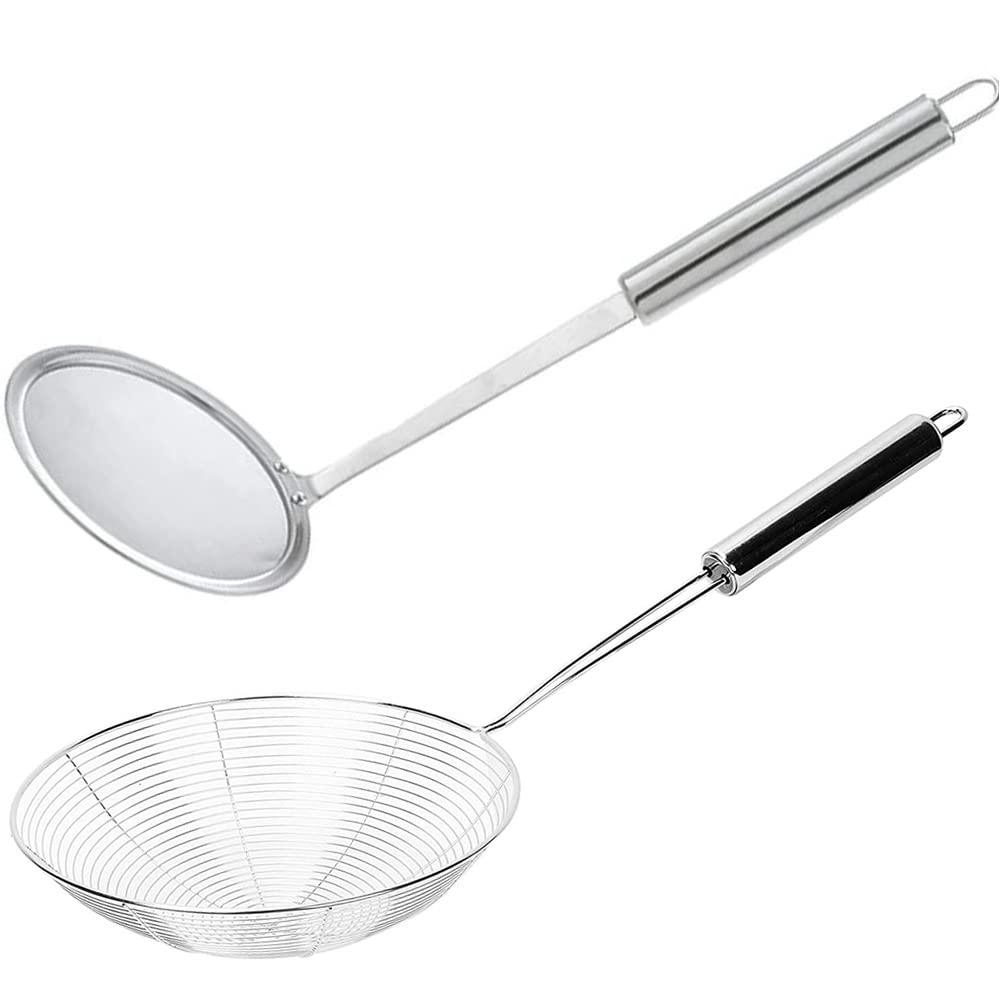 2 Pieces Spider Strainer Skimmer, Aieraczy Skimmer Spoon, Spider Cooking Utensil, Slotted Spoon, Stainless Steel Ladle Wire Spoon for Kitchen Cooking and Frying, Oil Filter, Pasta, Spaghetti, Noodle