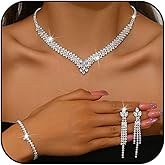 Dreuyet Rhinestone Wedding Jewelry Set Crystal Sparkly Choker Necklace Bracelet Earrings for Brides Bridesmaid Cubic Zirconia Bridal Tennis Chain for Women Prom Party