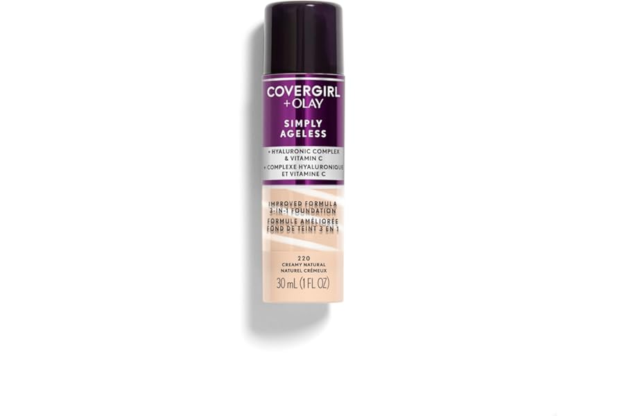 COVERGIRL & Olay Simply Ageless 3-in-1 Liquid Foundation, Matte Finish, Hyaluronic & Vitamin C Formula, 220 Creamy Natural, 1 Count