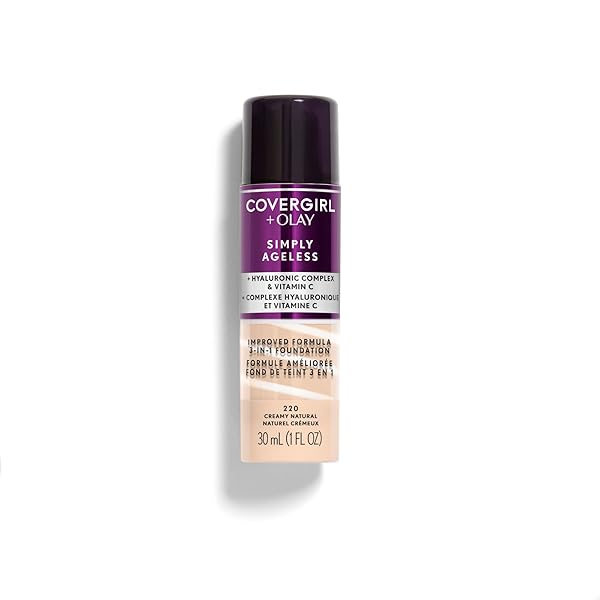 COVERGIRL & OLAY SIMPLY AGELESS 3-IN-1 LIQUID FOUNDATION, MATTE FINISH, HYALURONIC & VITAMIN C FORMULA, CRUELTY FREE, CREAMY NATURAL, 1 COUNT
