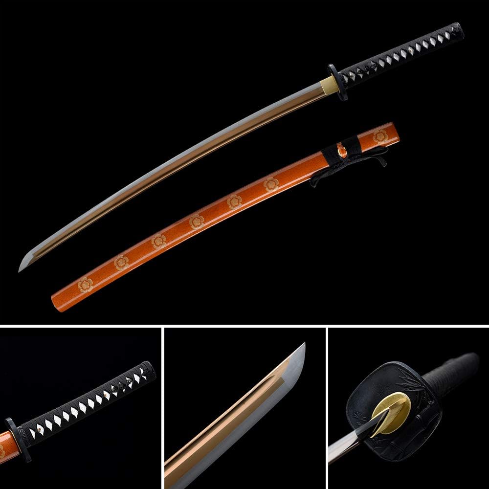 LQDSDJ Ultra Sharp Samurai Sword, Traditional Handmade Samurai Katana Sword Features of 1060 Carbon Steel, Damascus Folded Steel, T10 Steel, Hadifield Steel