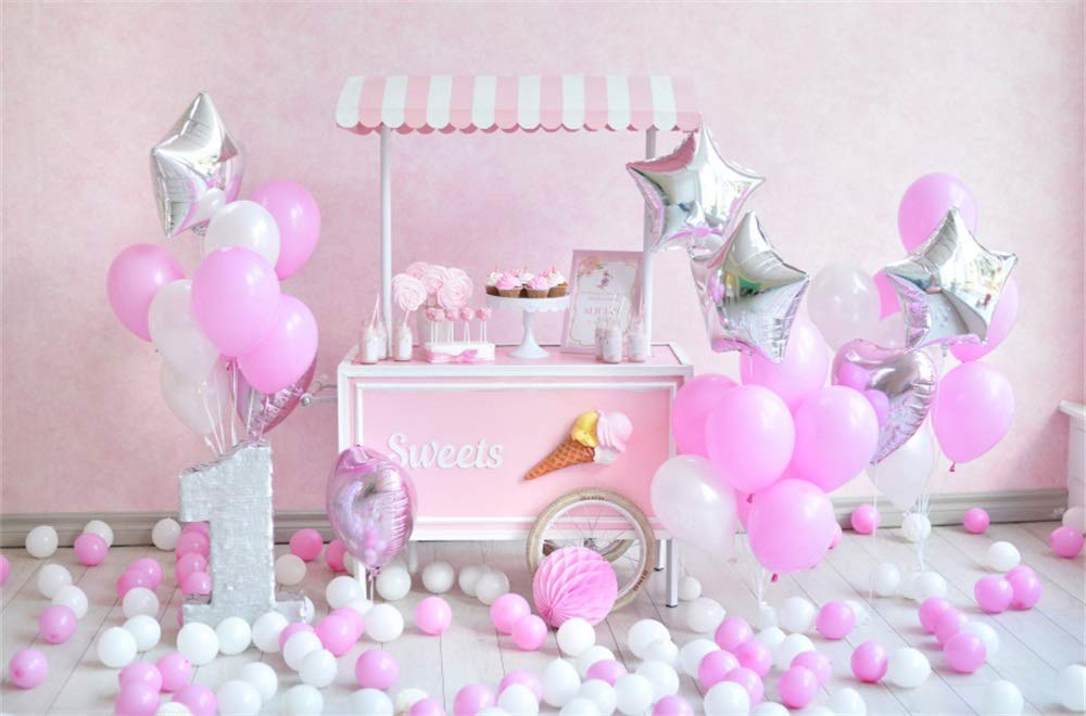 Haosphoto Girls 1st Birthday Backdrop 5X3FT Vinyl Sweet Candy Cart Backdrops Paper Flowers Balloons Girls Room Photography Background for Baby Shower Dessert Table Wallpaper Photo Studio Props QB202