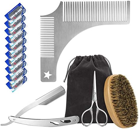 Beard Grooming Trimming Kit, Beard Trimming Set for Men Care, Beard Shaping Template Comb, Pure Boar Bristle Brush, Stainless Steel Beard Razor, Scissor with 20 pcs Blades Gift Set