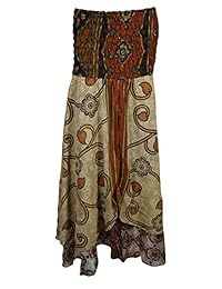 Mogul Womens 2 In 1 Strapless Dress Maxi Skirts Boho Recycled Vintage Sari Skirt