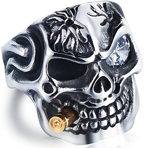 DALARAN Skull Smoking Bullet Ring for Men Vintage Stainless Steel Gothic Skull Band Clear Eye Biker Cocktail Party Ring…